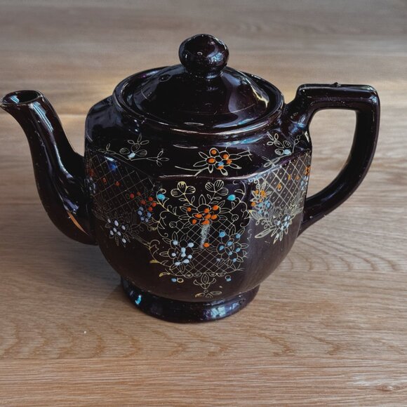 Moriage Style Ceramic Redware Teapot, Brown Flora, Vintage Pre-War Japan - Picture 4 of 16